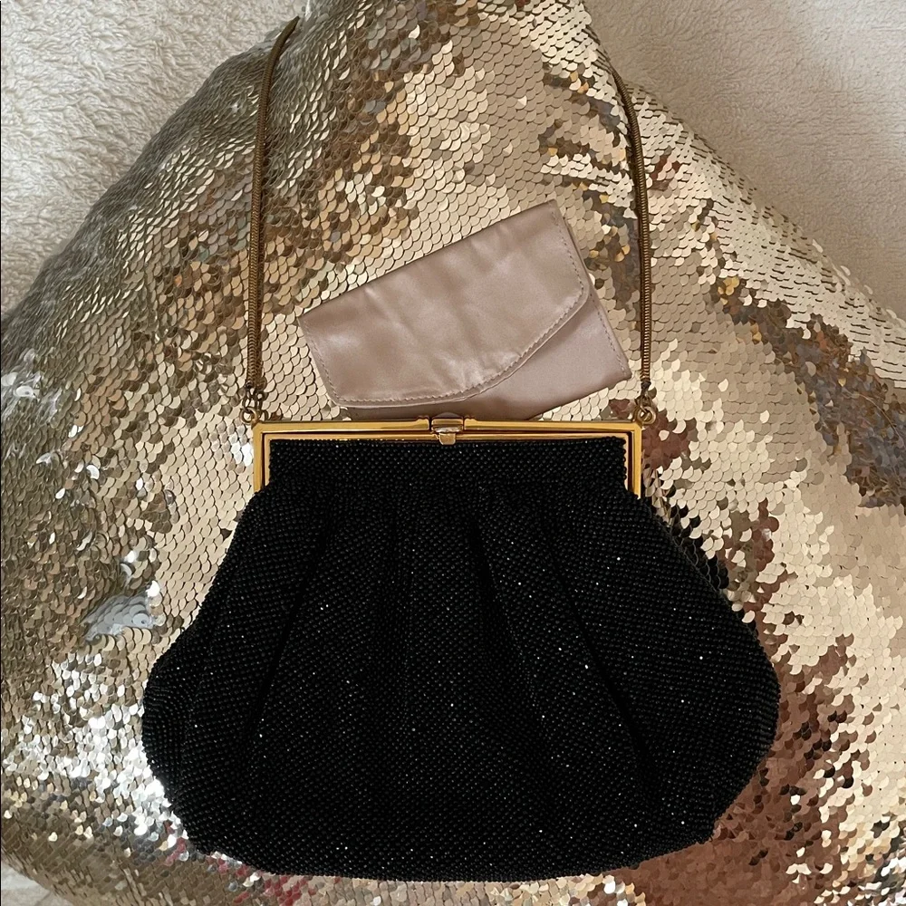 Vtg. Micro Beaded Elegant Black Evening Clutch Purse Mother of Pearl - Picture 4 of 11